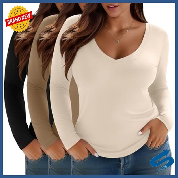 Plus Size Long Sleeve V-Neck T-Shirts 3 Pack Slim Fit Cotton Blend - Picture 2 of 8